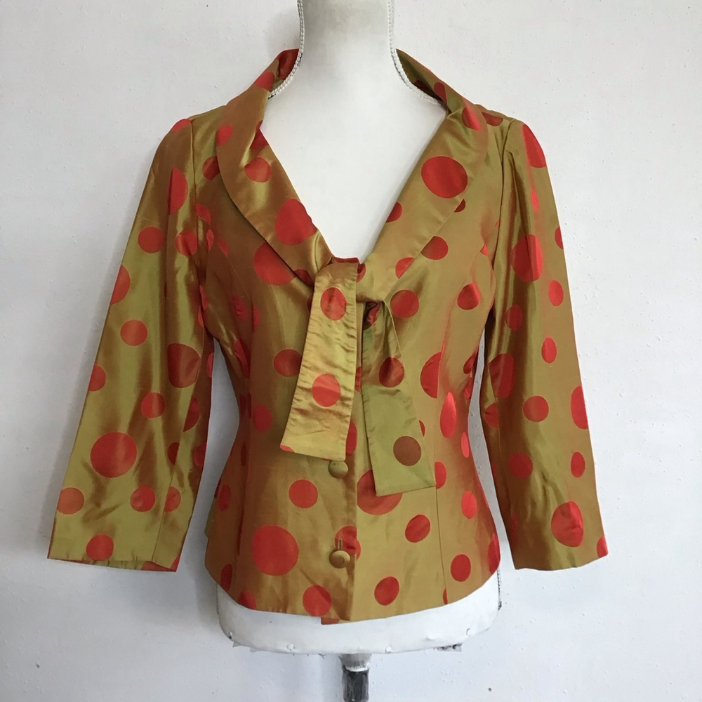 BANU PARIS Women Elegant Gold & Red Polka Dot Blouse Size 6